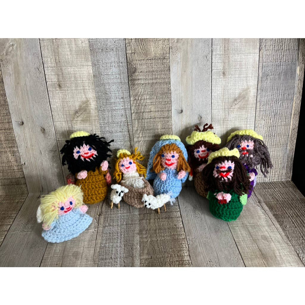 Vintage Handmade Crocheted Nativity Set 9 Pieces